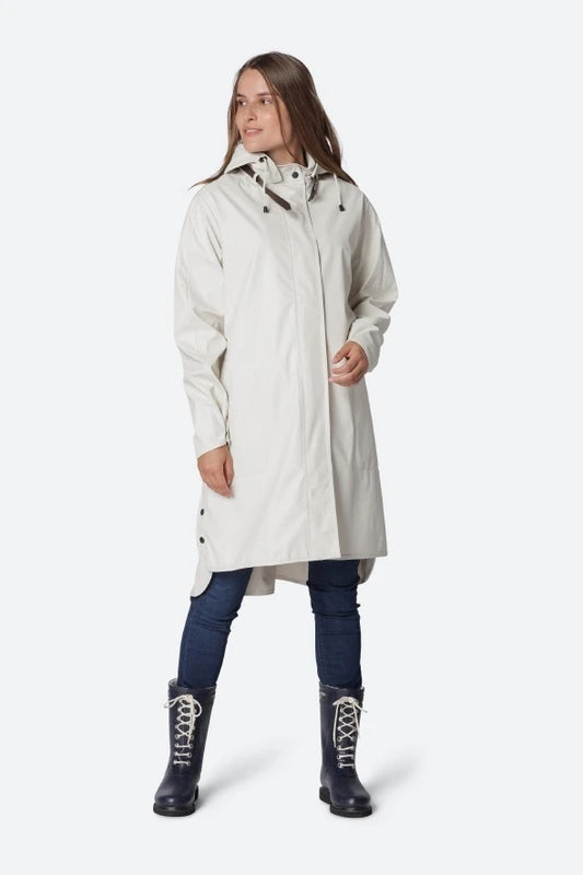 Women's cream white long A-line hooded raincoat with lace-up rain boots