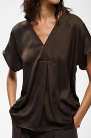 Chocolate brown satin V-neck short sleeve blouse with draped front detail