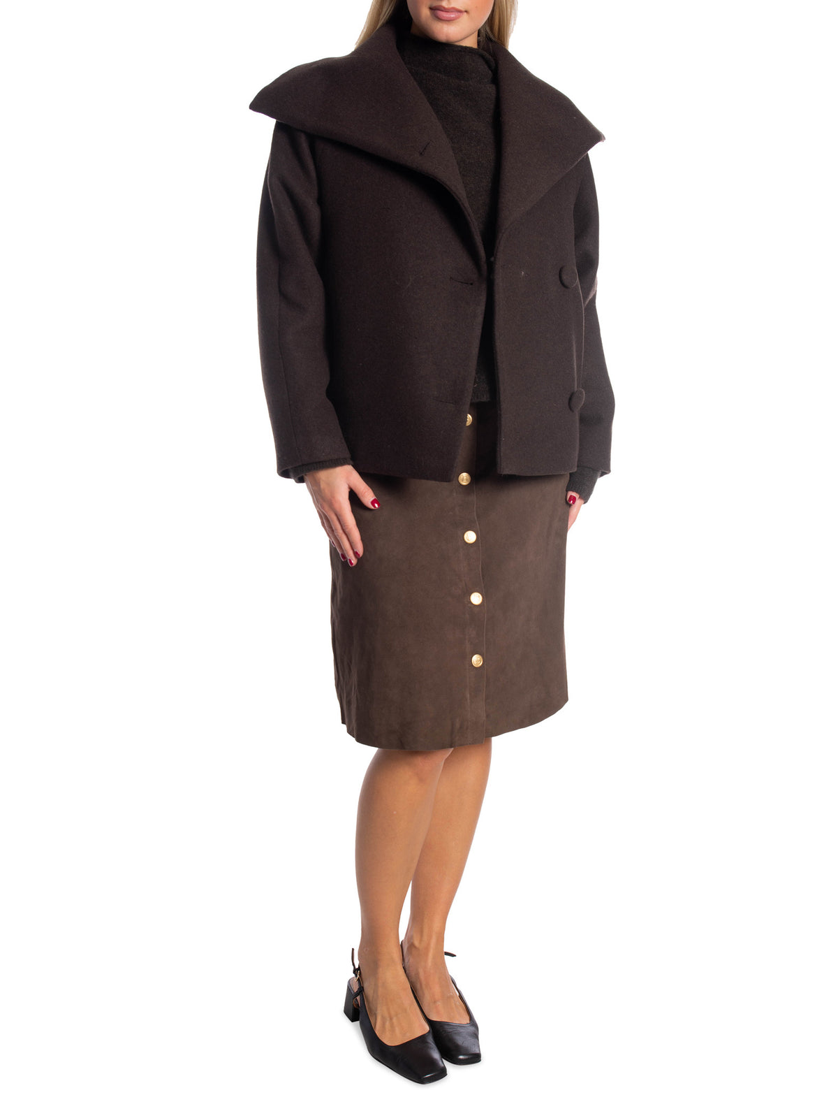 Dark brown oversized short wool coat with wide lapels and gold buttons