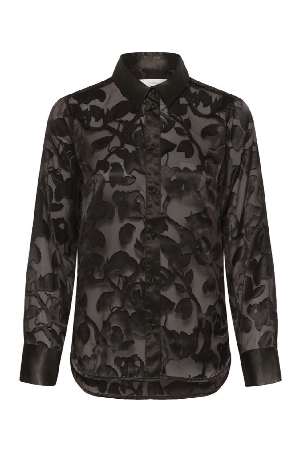 Black sheer floral burnout button-down shirt with satin collar and cuffs