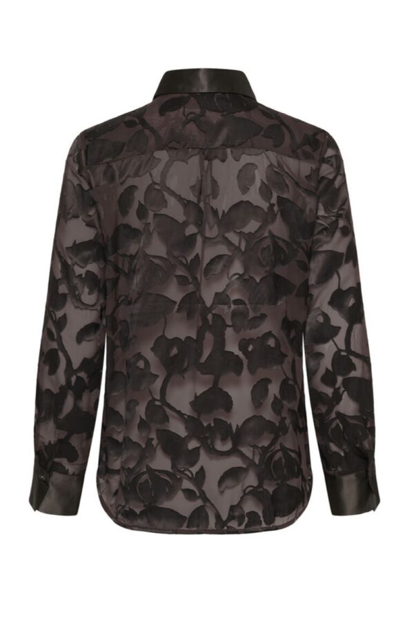 Black sheer floral organza shirt with satin collar and cuffs, back view