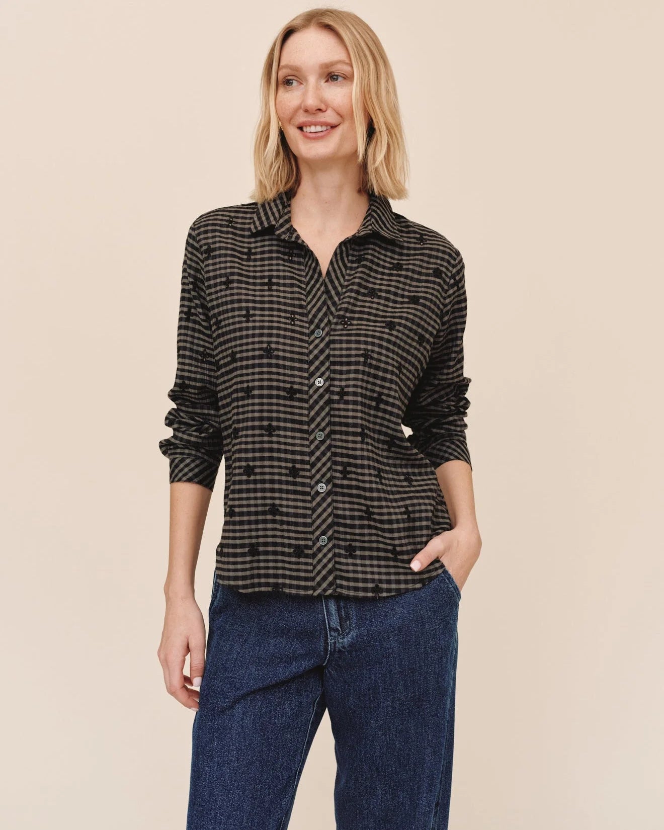 Women's olive black gingham button-down shirt with fleur-de-lis embroidery and long sleeves