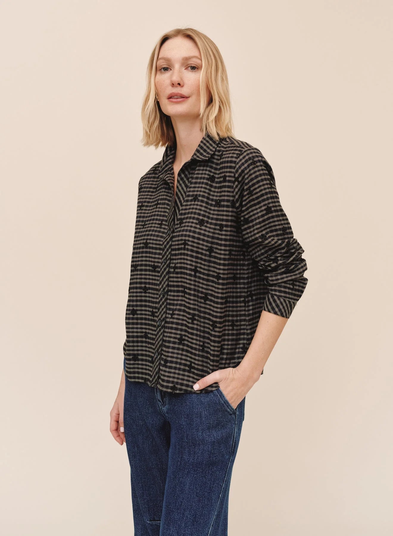 Olive black gingham long sleeve button down shirt with floral embroidery
