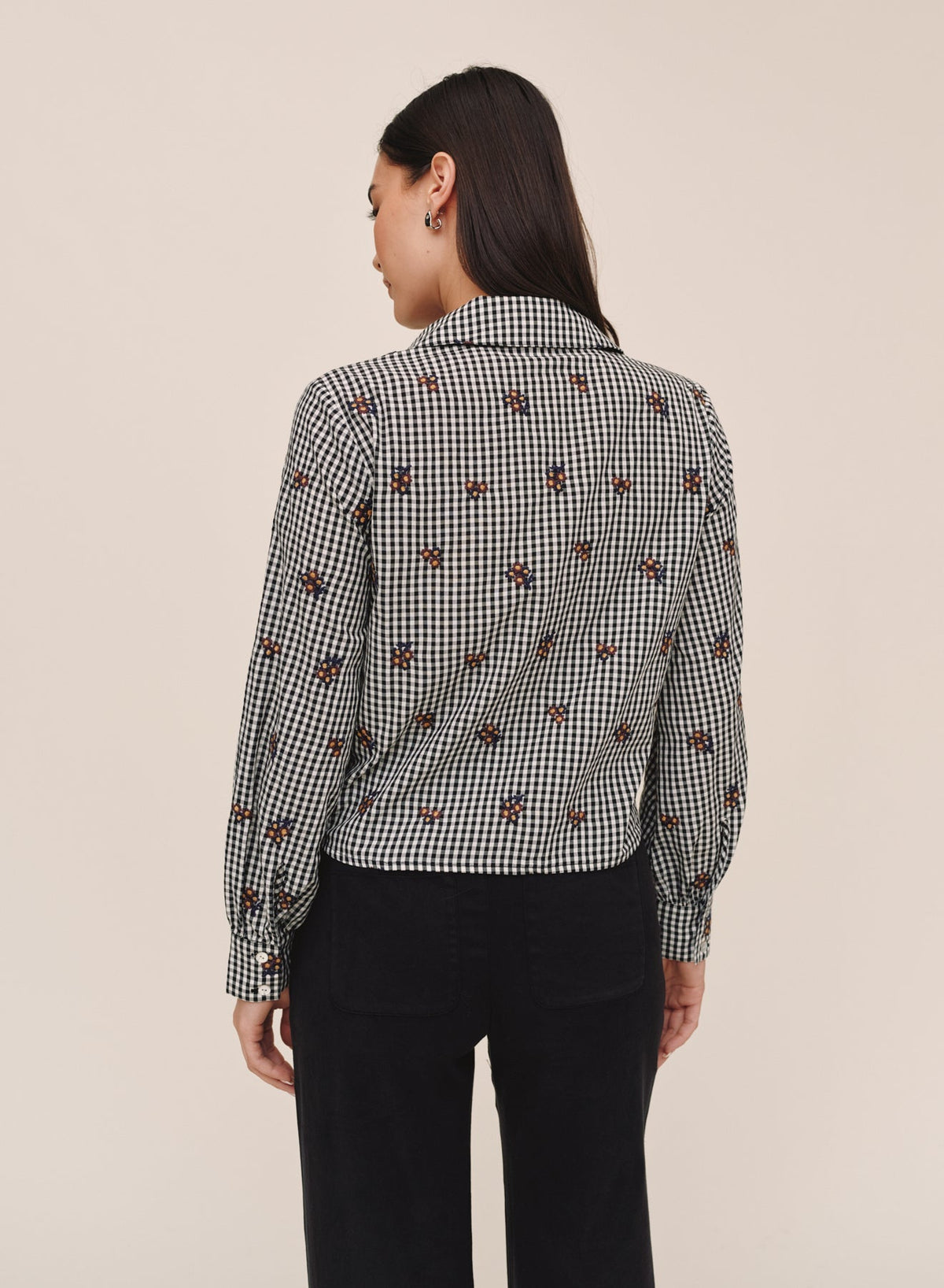 Back view of Bella Dahl long sleeve crop button down in micro floral gingham pattern