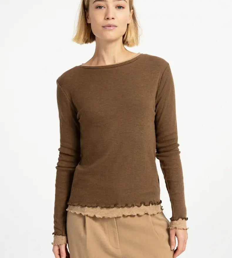 Brown long-sleeve top with double layer lace hem detail and scoop neckline