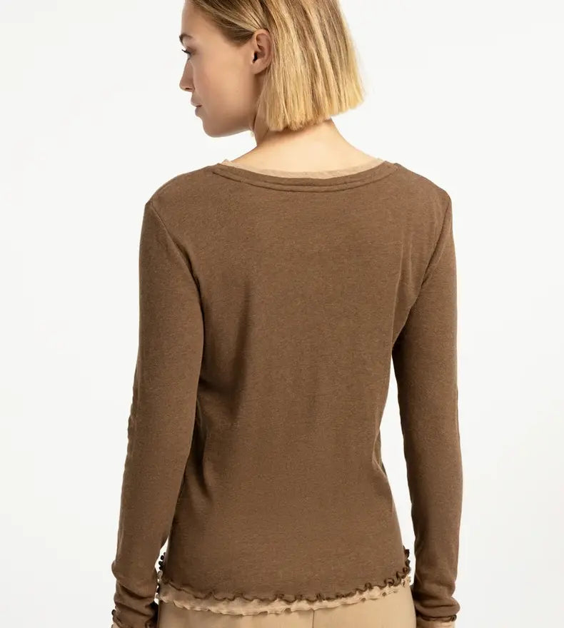 Brown long-sleeve top with double layer hem detail, back view