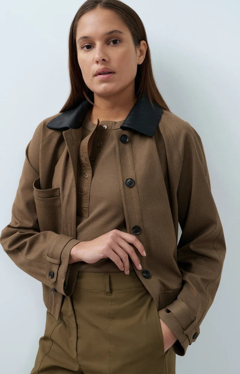 Brown woven melange bomber jacket with black faux leather collar and button front