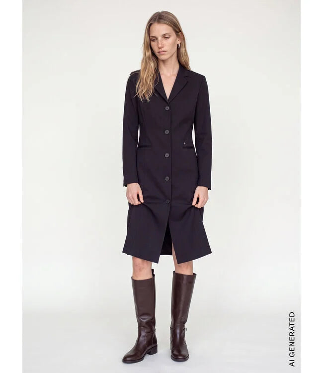 Fran Nellie black blazer dress with button front, lapel collar, and brown knee-high boots