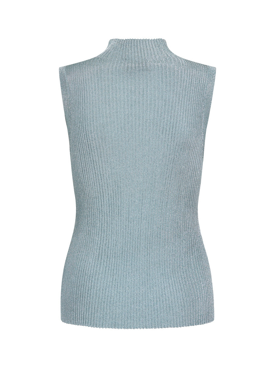Back view of Mos Mosh Imanja ribbed knit sleeveless turtleneck top in lead blue-grey