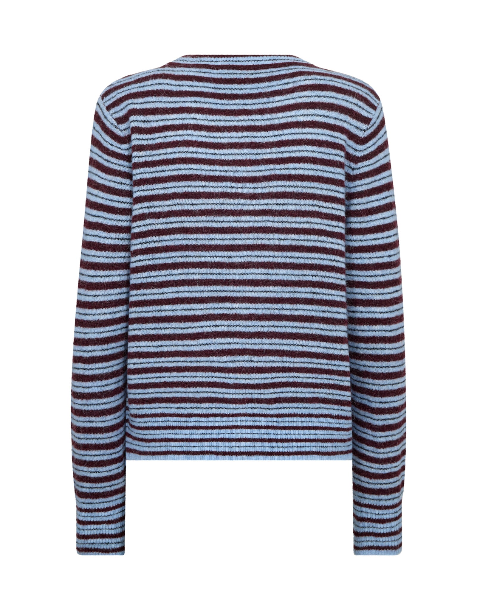 Back view of Mos Mosh Milvi striped cardigan in Port Royale burgundy and light blue