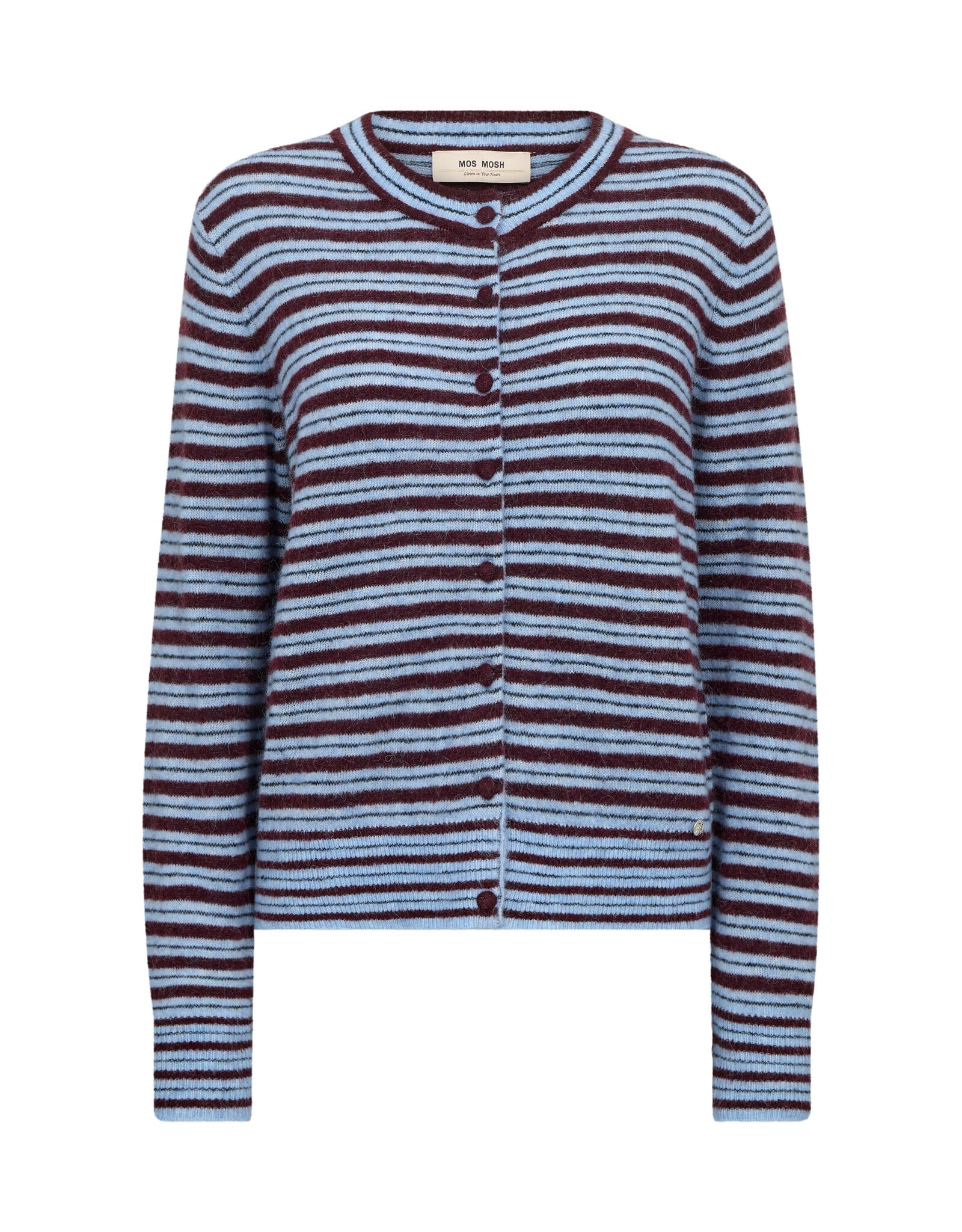 Mos Mosh Milvi striped cardigan in port royale burgundy and blue horizontal stripes with button front