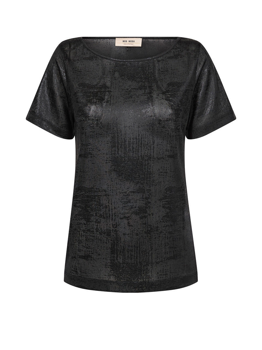 Mos Mosh Niva O-SS Metallic Tee in black with shimmering textured finish, front view