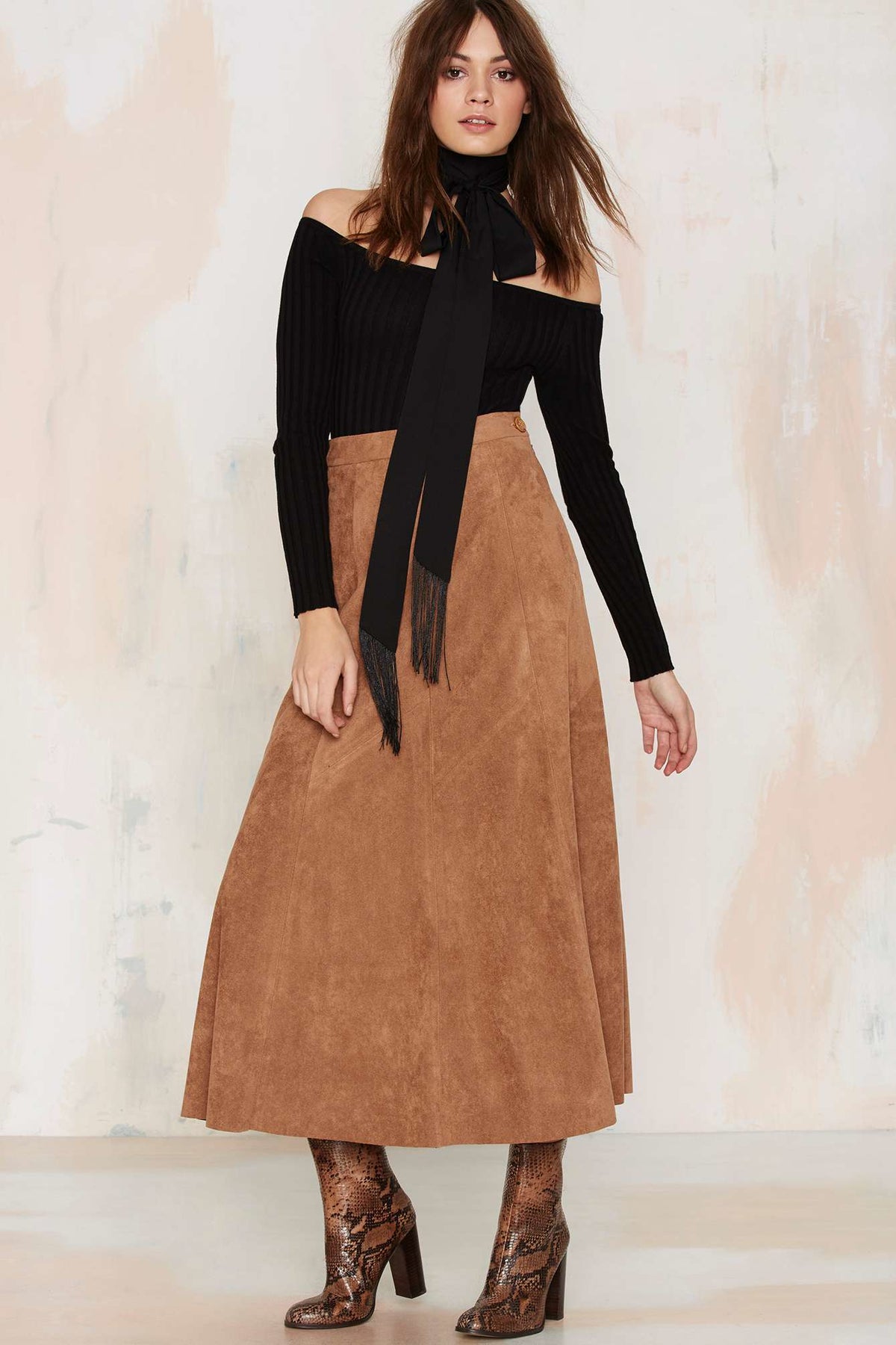 Tan vegan suede midi A-line skirt with flared silhouette and button waist