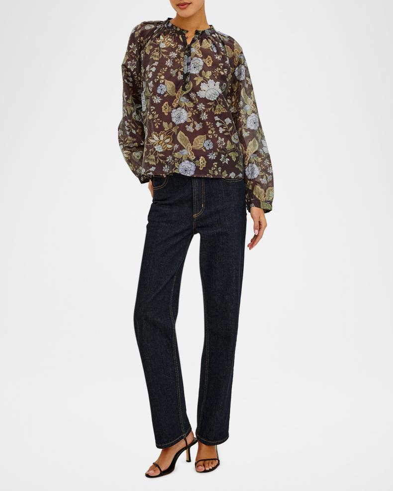 Rails Tali floral print billowy blouse in dark brown with blue and olive flowers