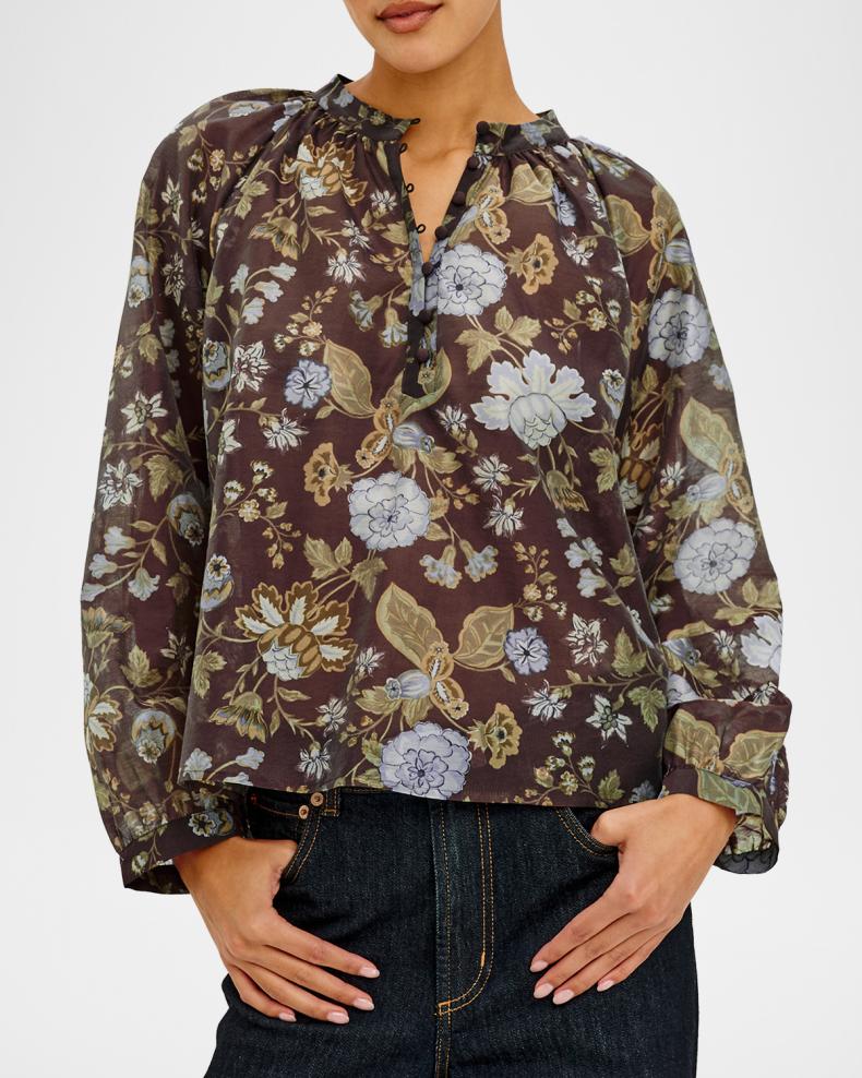 Rails Tali dark brown floral print long sleeve blouse with ruffle neckline