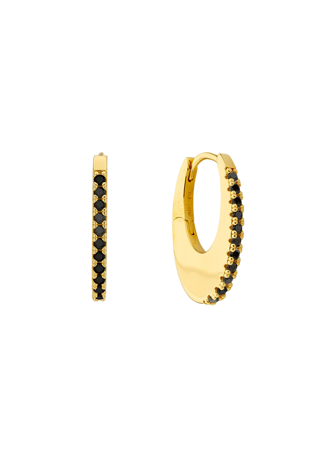 MYA-BAY Black Stellar gold hoop earrings with black pavé stones, shown as pair