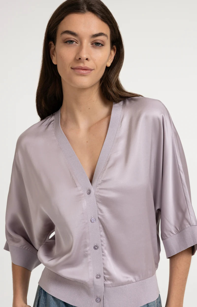 SATIN CARDIGAN W RIBBED TRIM