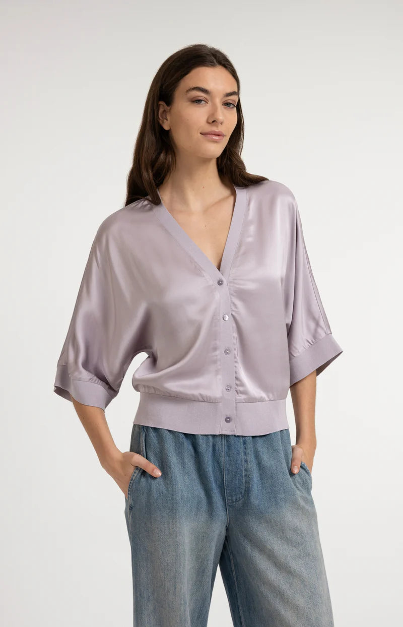 SATIN CARDIGAN W RIBBED TRIM