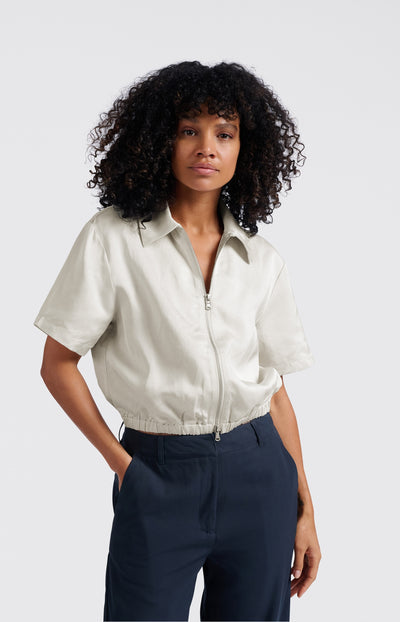 SATIN CROPPED SHORTSLEEVE JACKET WITH ZIPPER