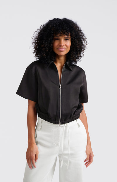 SATIN CROPPED SHORTSLEEVE JACKET WITH ZIPPER