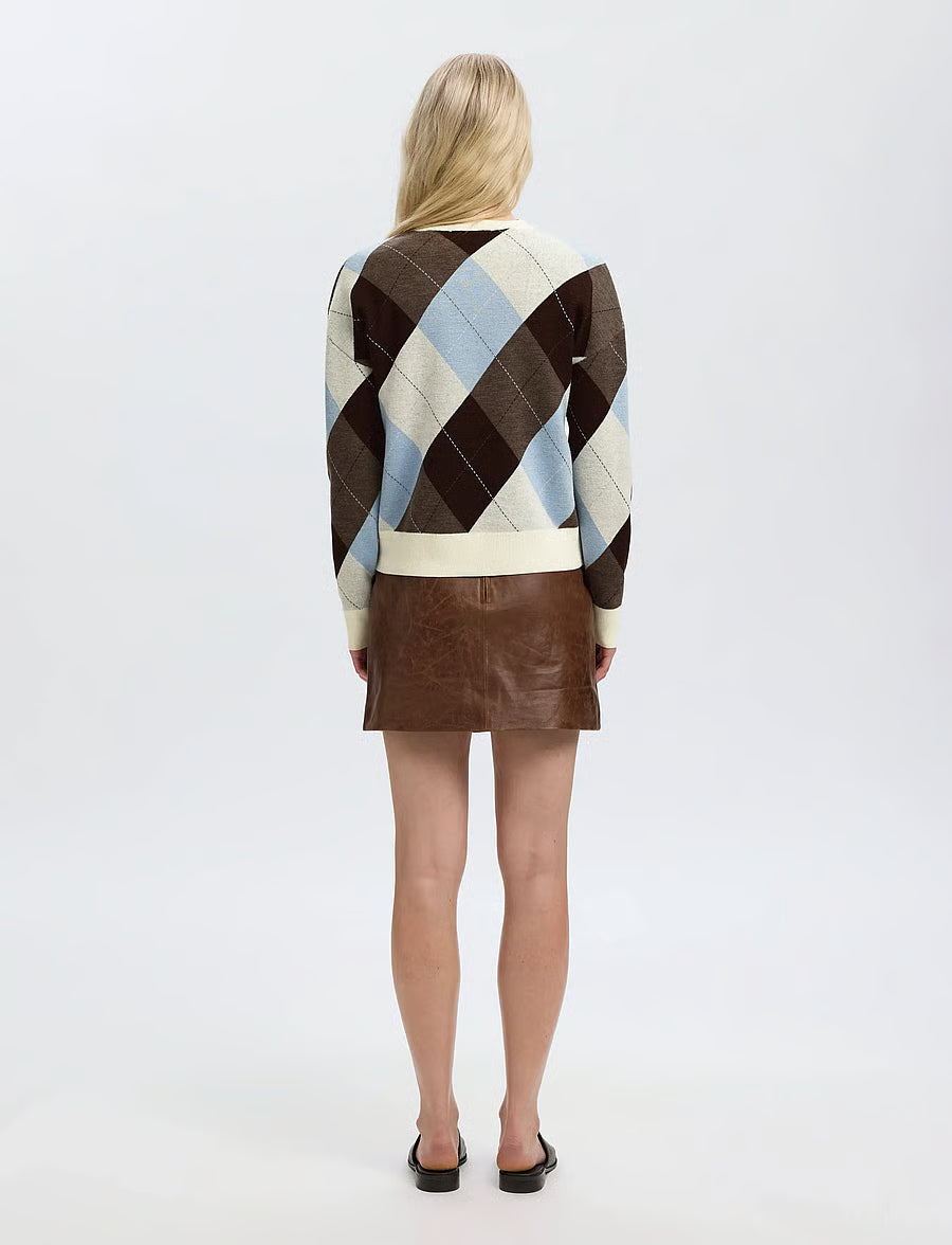 Brown, blue, and cream argyle knit o-neck sweater with ribbed hem, back view