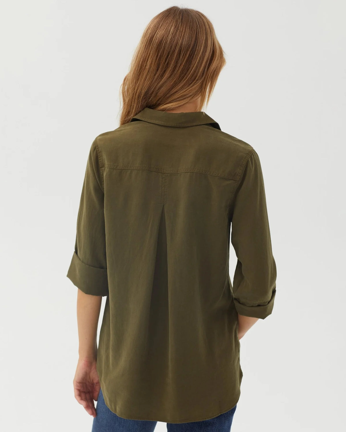 Olive green long-sleeve button-down shirt with rolled cuffs, back view