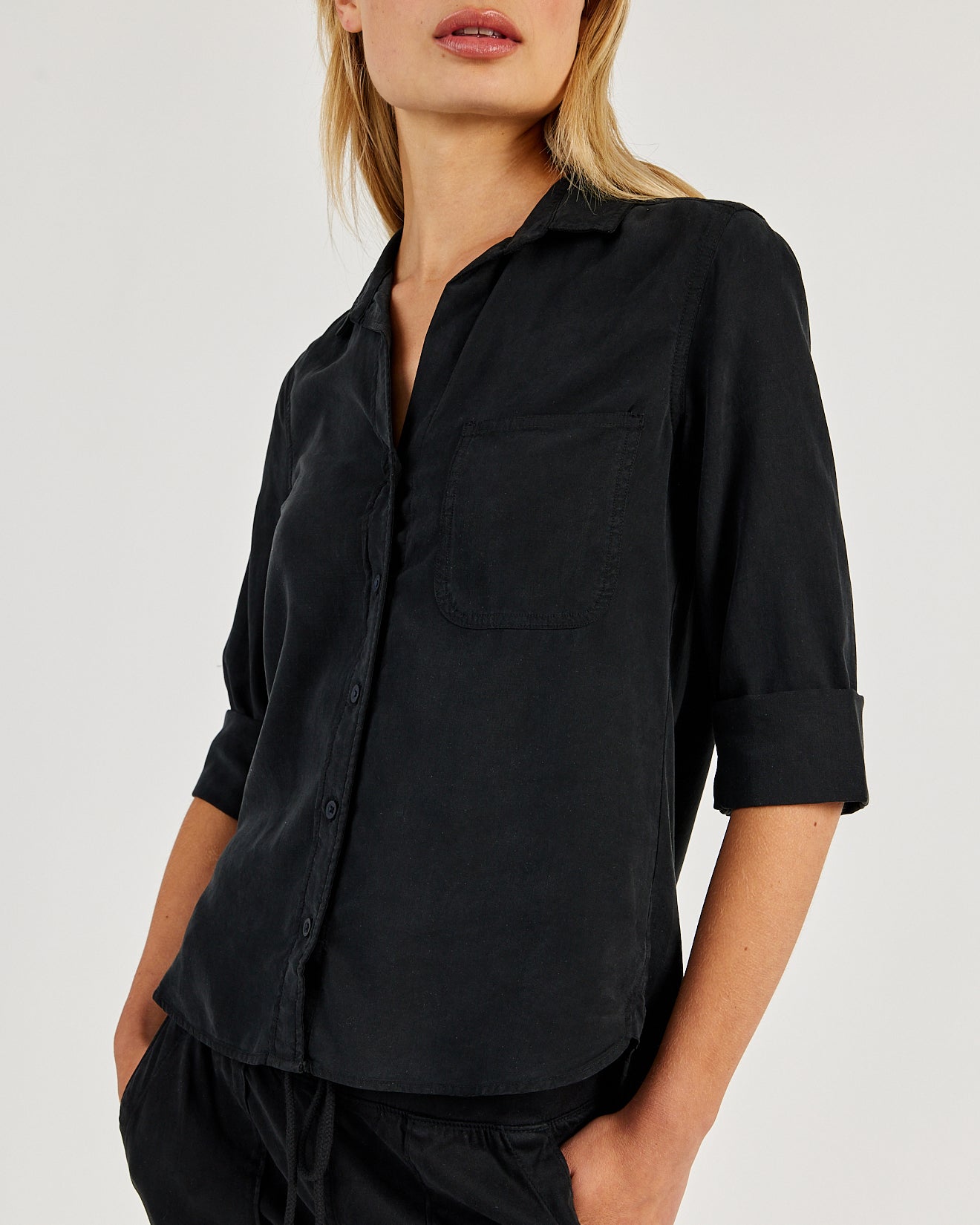 Bella Dahl Shirt Tail Button Down in Vintage Black with chest pocket and rolled sleeves