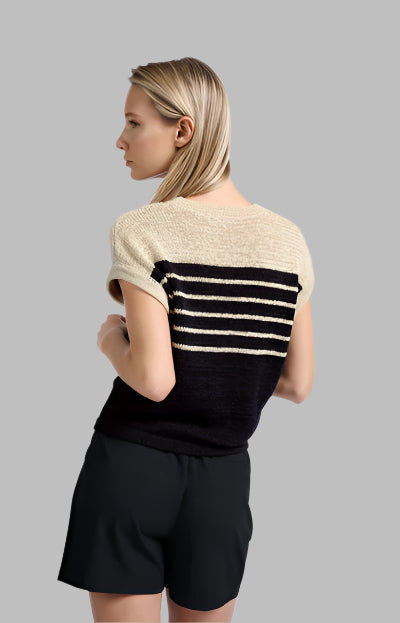 SLEEVELESS STRIPED TAPE YARN SWEATER