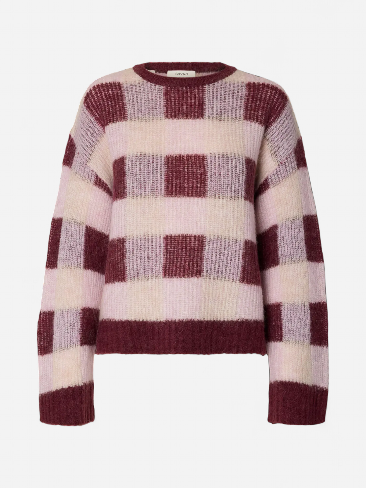 Selected SLWLULU loose knit sweater in pink and burgundy check pattern, front view