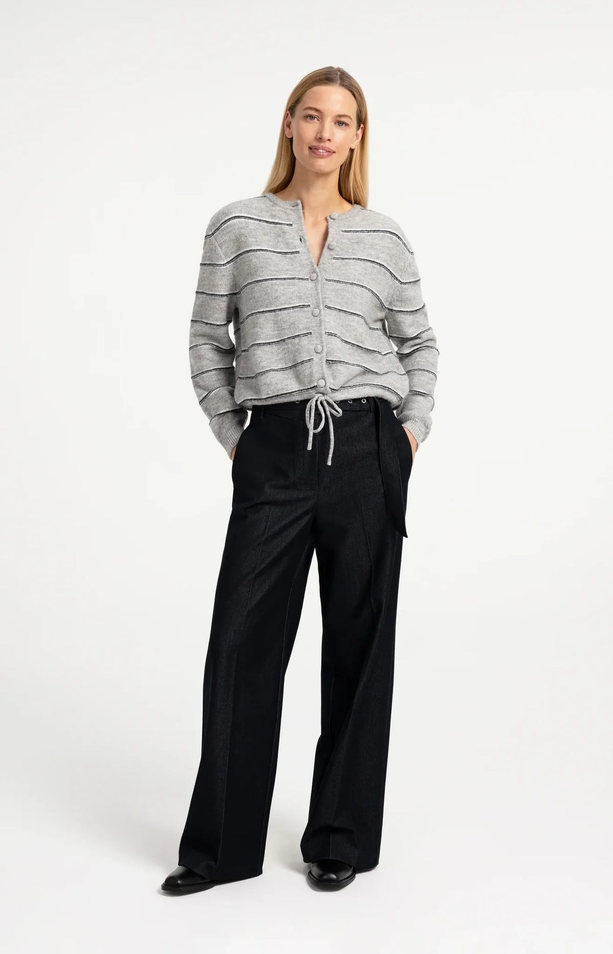 Grey striped knitted cardigan with button front and drawstring hem