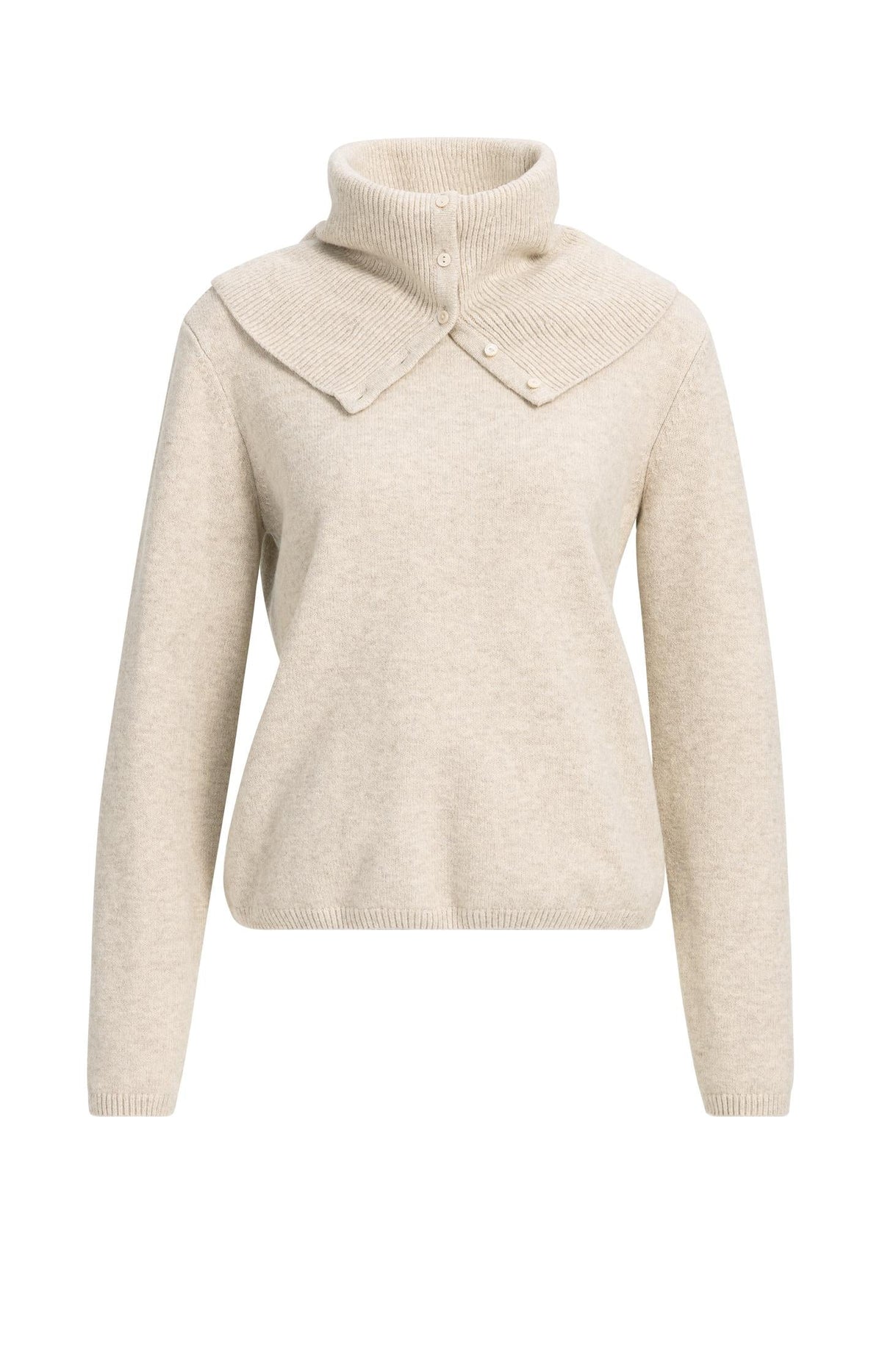 YAYA light beige mix knit sweater with fold-over scarf collar and button detail