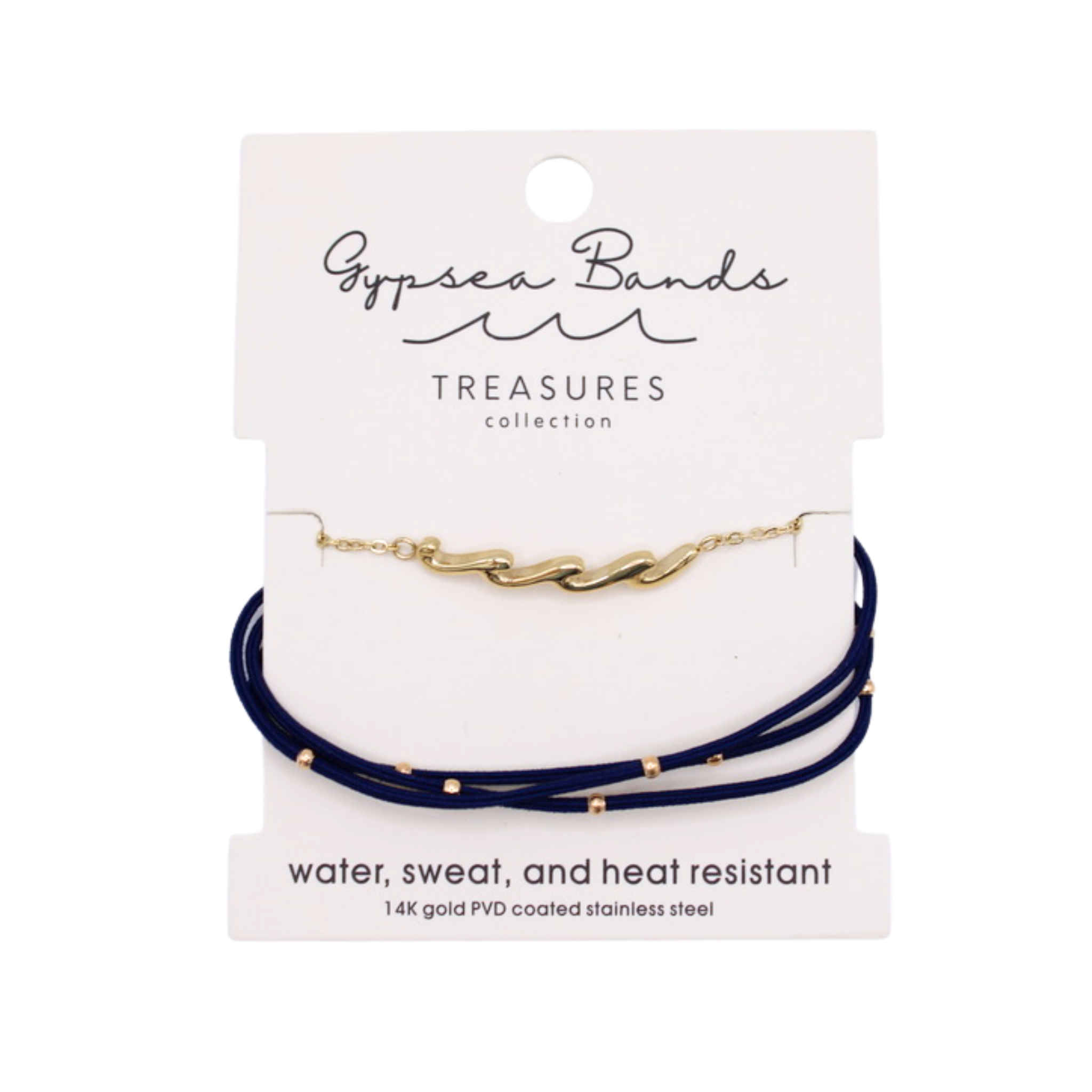 Gypsea Bands Treasures Collection wave charm bracelet set in navy blue and gold on packaging card
