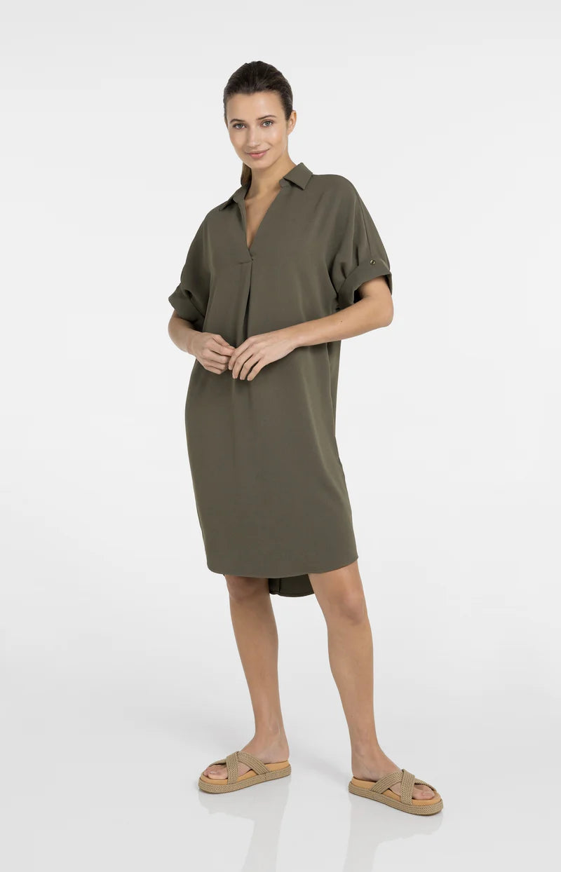 V NECK DRESS W PLEATED SLEEVES