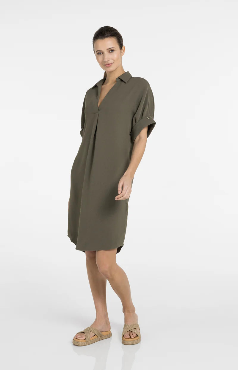 V NECK DRESS W PLEATED SLEEVES
