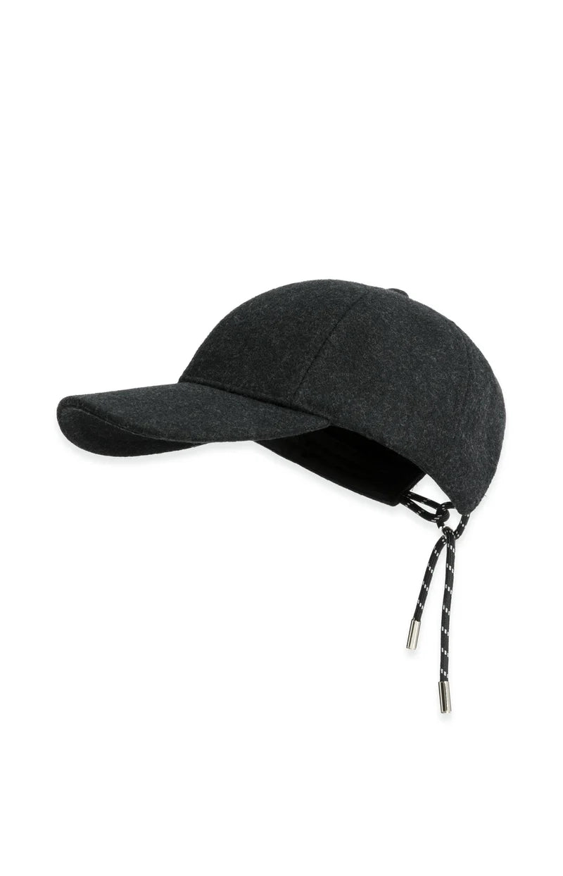Dark charcoal wool baseball cap with black and white adjustable drawstring closure