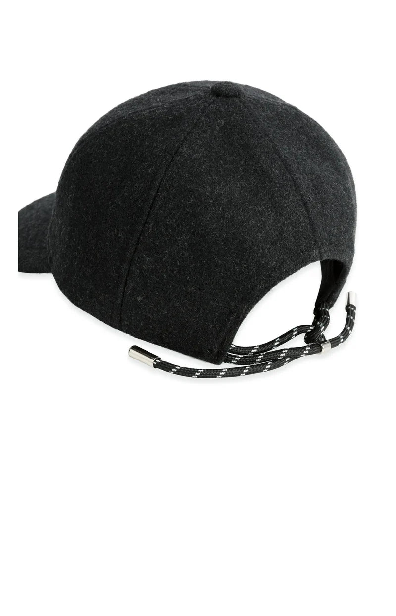 Dark charcoal wool baseball cap with black and white adjustable drawstring back