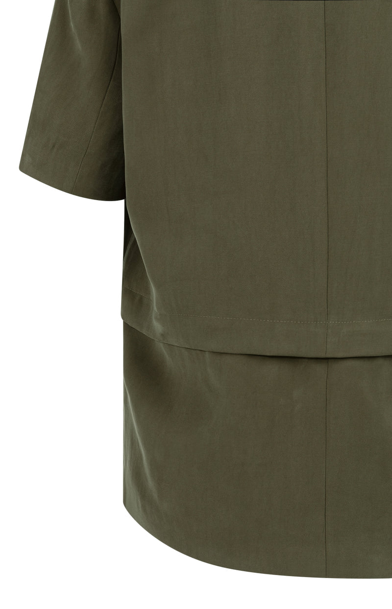WOVEN SHORTSLEEVE BLAZER W DETACHABLE BOTTOM HEM