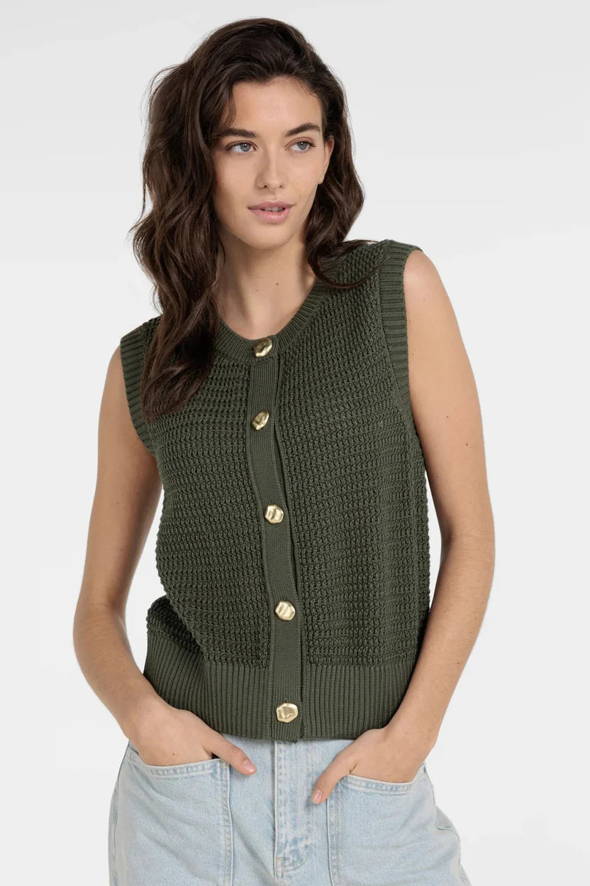 TEXTURED SLEEVELESS CARDIGAN W FANCY BUTTONS