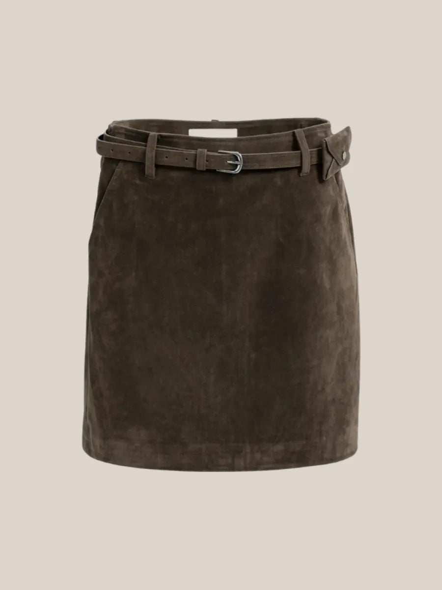 YAYA suedine mini skirt in Delicioso Brown with matching fancy belt detail, front view