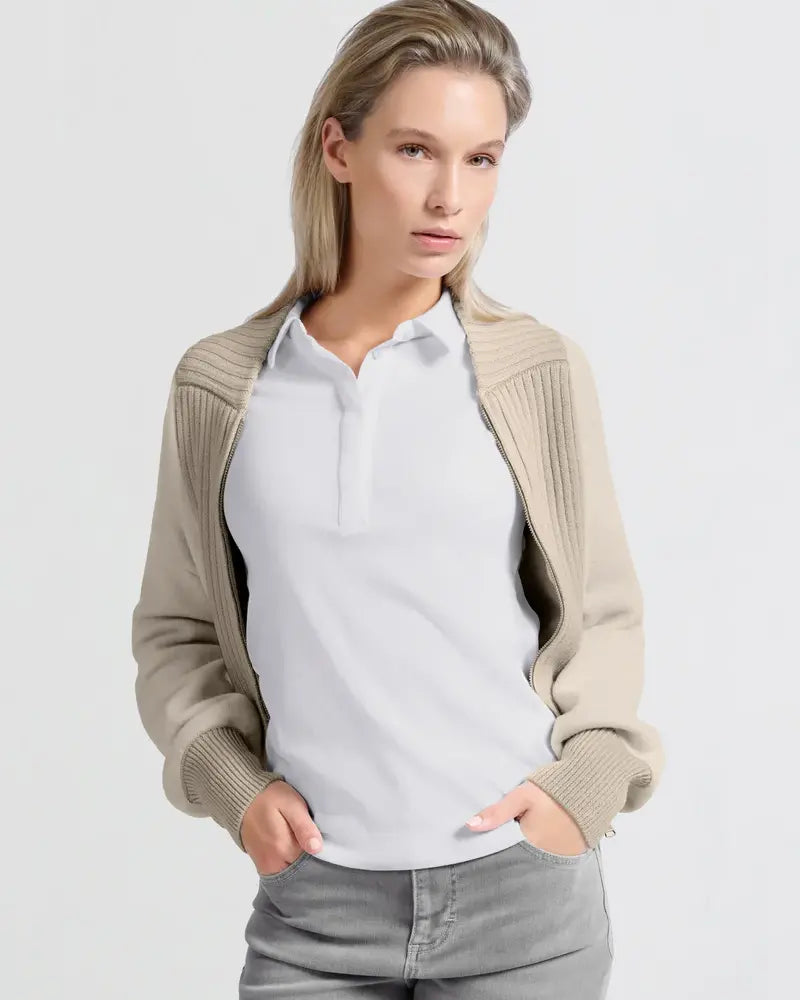 FINE RIB JERSEY POLO TOP WITH LONG SLEEVES