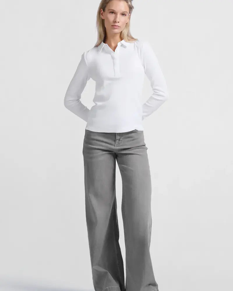 FINE RIB JERSEY POLO TOP WITH LONG SLEEVES
