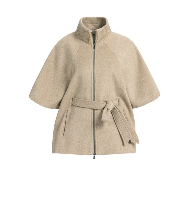 YAYA soft woven wool mix poncho jacket in pure cashmere beige with zip front and belt