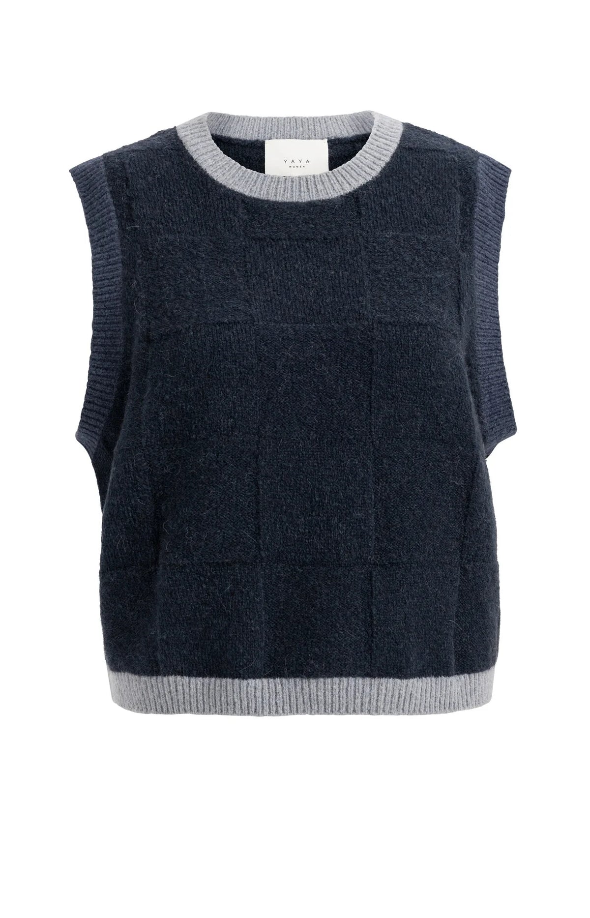 Navy check textured knit sleeveless spencer vest with grey ribbed trim