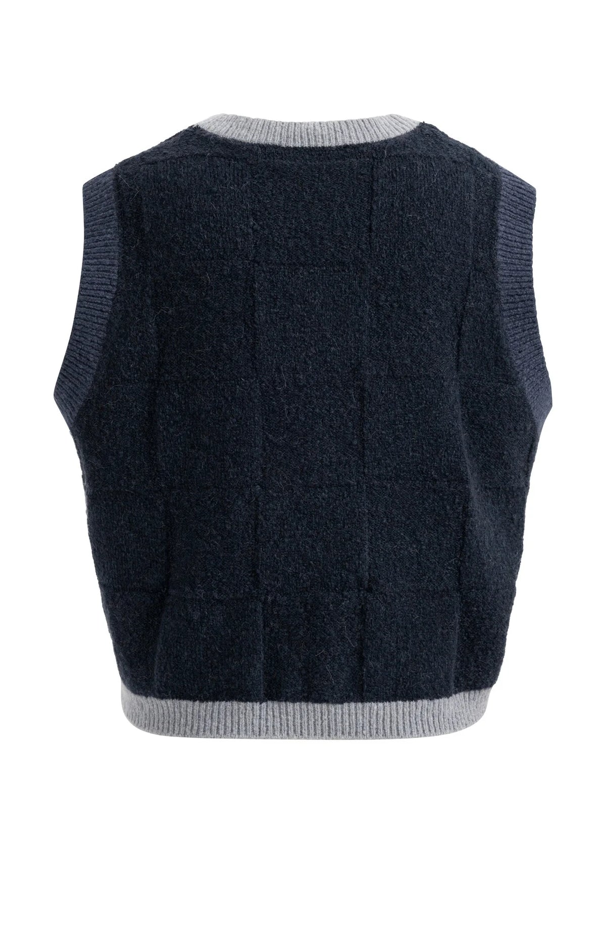 YAYA navy blue check textured knit vest with grey ribbed trim, back view