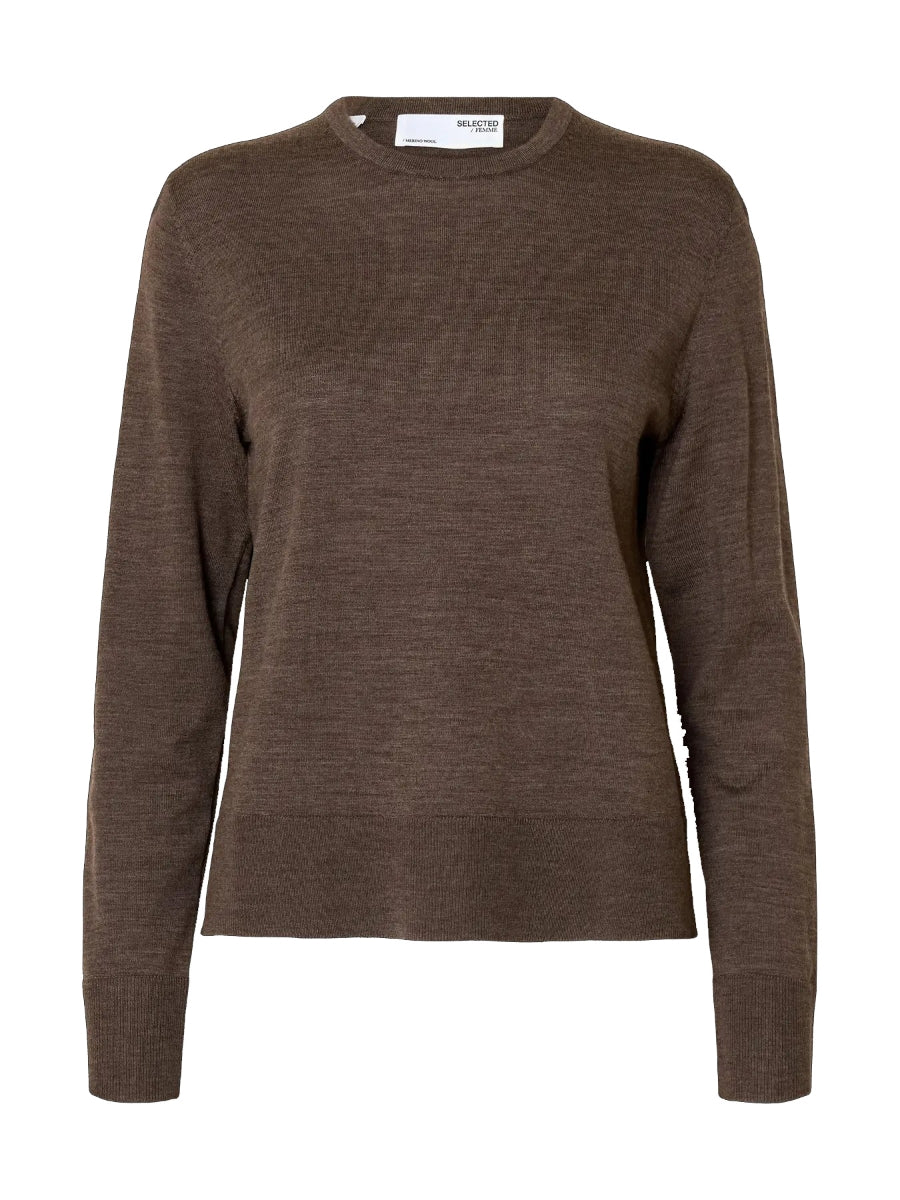 Selected Femme Thea merino wool crew neck sweater in brown heather
