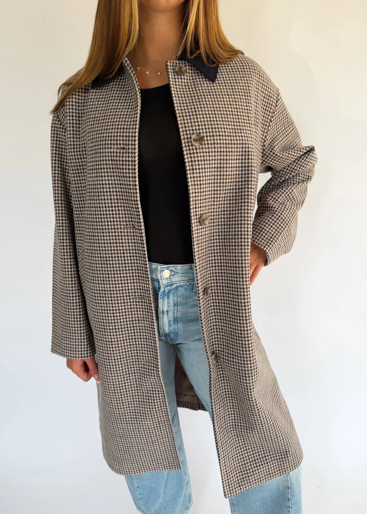 Gentle Fawn Millie houndstooth wool coat in tan and navy with dark collar