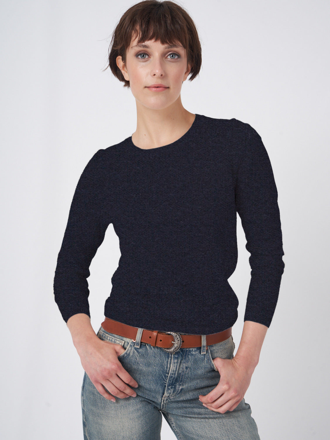 Dark navy cashmere crew neck pullover with textured knit and three-quarter sleeves