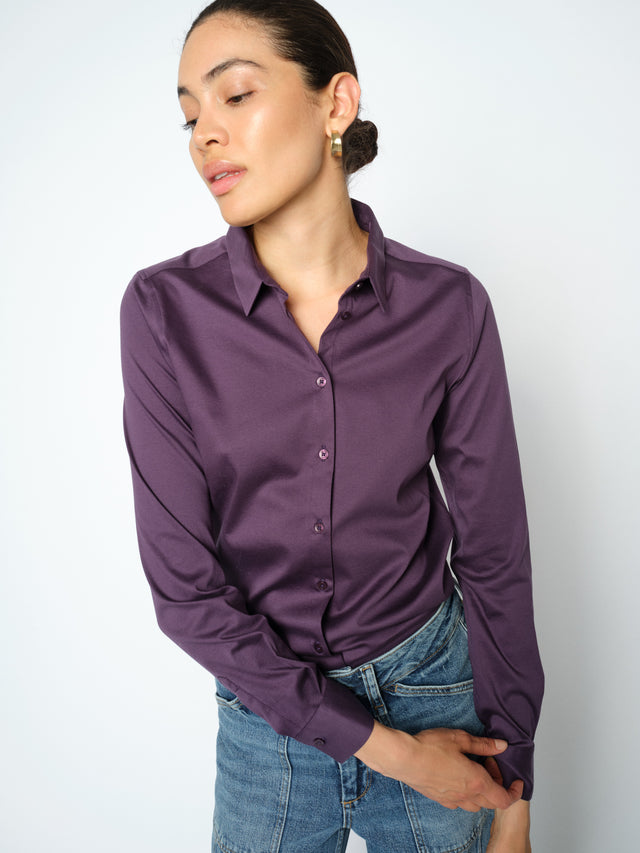 Mos Mosh Tina Jersey Shirt in deep purple with button front and long sleeves