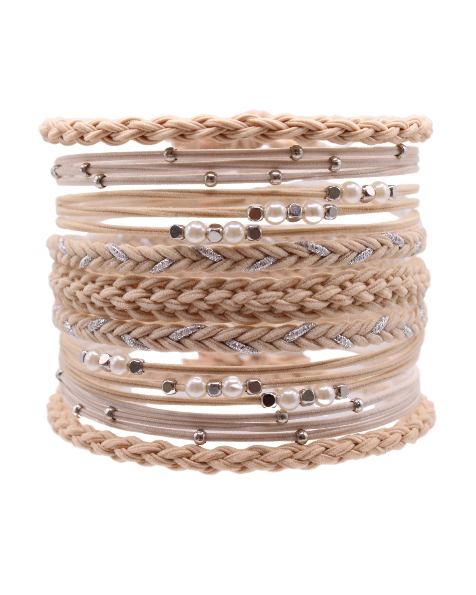 Stack of beige latte hair ties with braided, beaded, and woven textures by Gypsea Bands