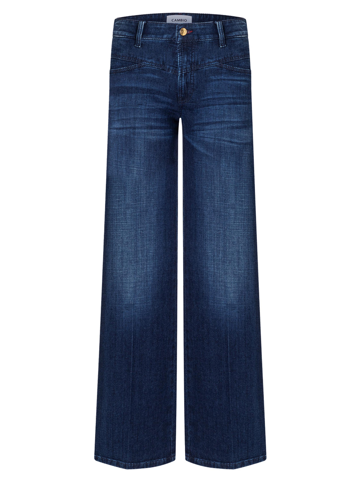 Cambio Aimee wide-leg jeans in dark indigo lefthand stoned used wash, flat lay view